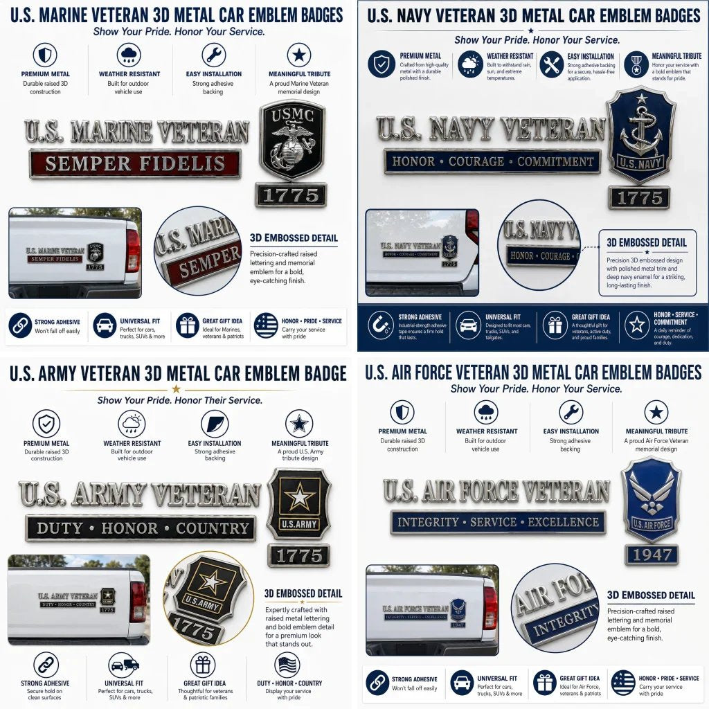 U.S. Military Veteran Car Emblem Metal Badge Collection